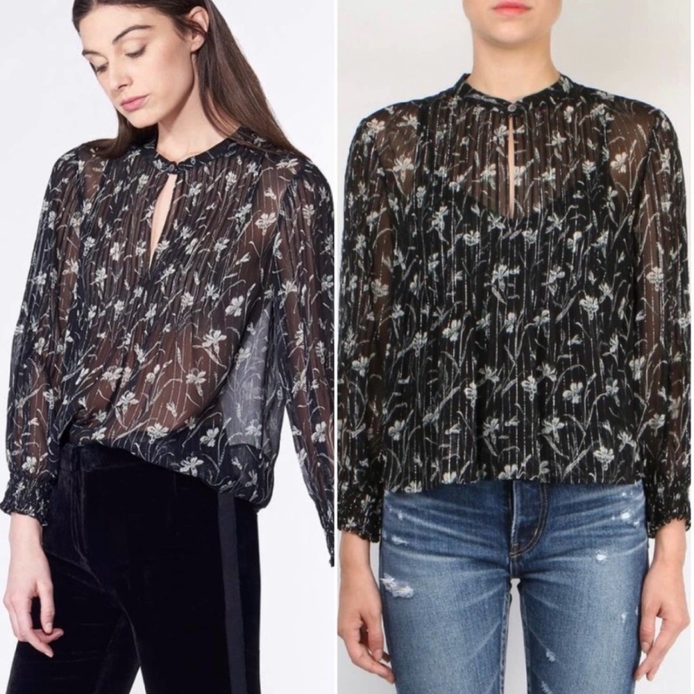 Veronica Beard Walker Black Floral Silk Peasant Blouse Size 0